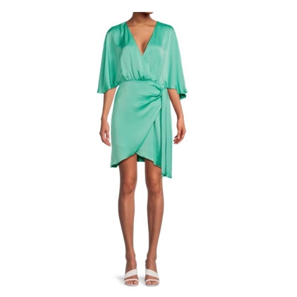 NEW Ramy Brook Women Size 2 Mini Dress Alexis Faux Wrap Satin Malachite Resort